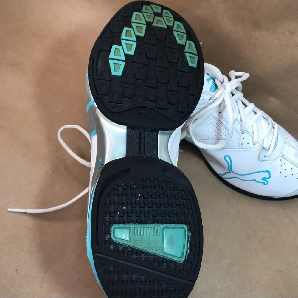 Puma White Turquoise Silver Leather Running Shoes Size 9 - Picture 15 of 16